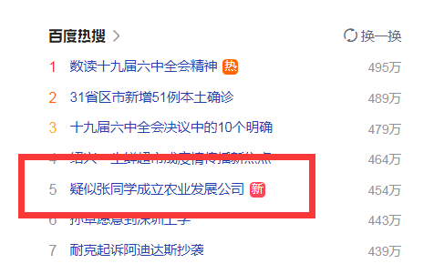 “疑似張同學成立農業發展公司”話題上百度熱搜